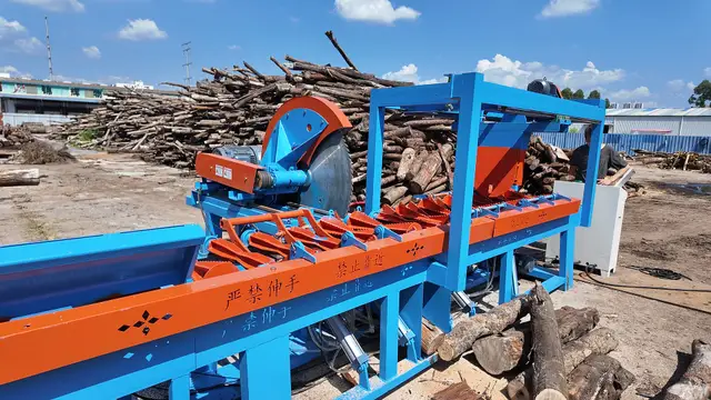 LW-CS1200A cut-off saw cutting logs to length at a customer site