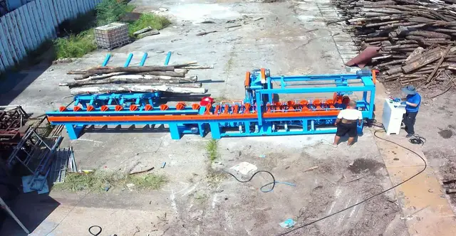 LW-CS1200A cut-off saw and LW-LD2 log deck installed at a customer yard in Fujian, seen from above